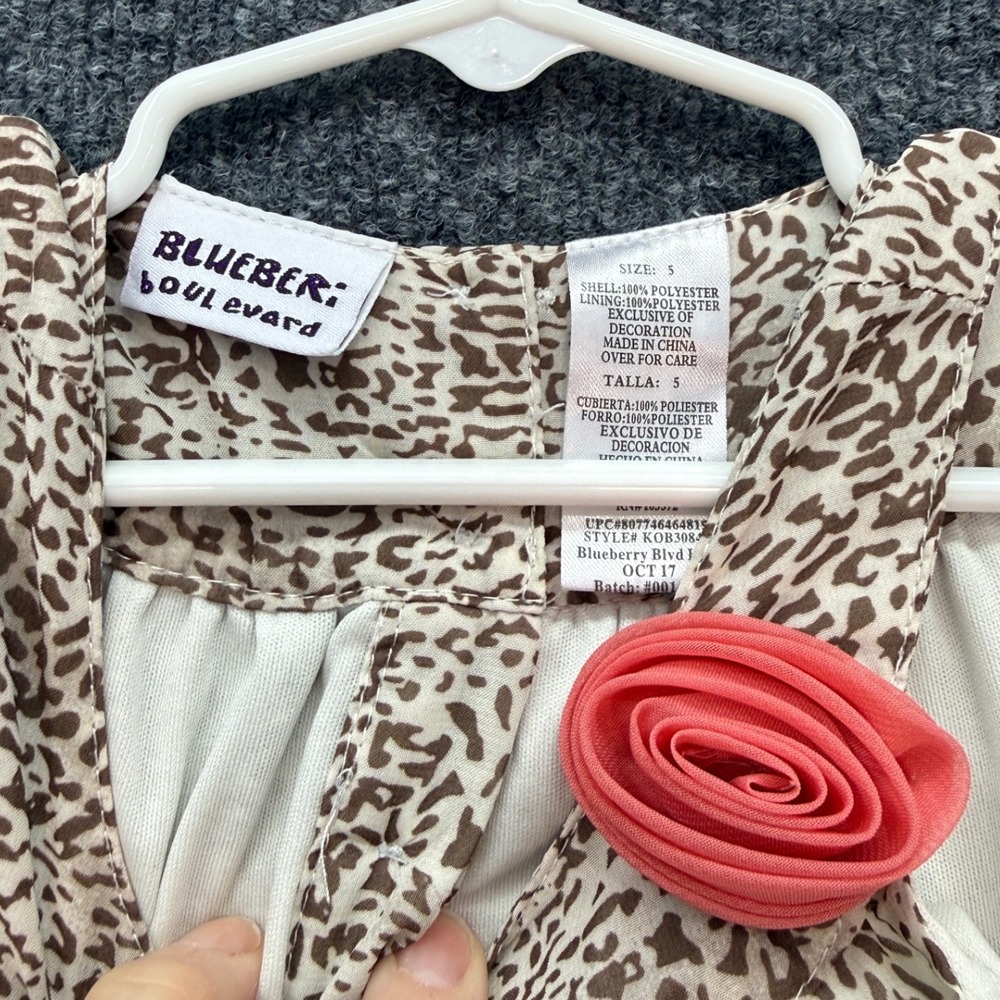 Blueberi Boulevard Sleeveless Dress Kids Size 5 Tan Leopard Floral Rosette Hem - Picture 4 of 5